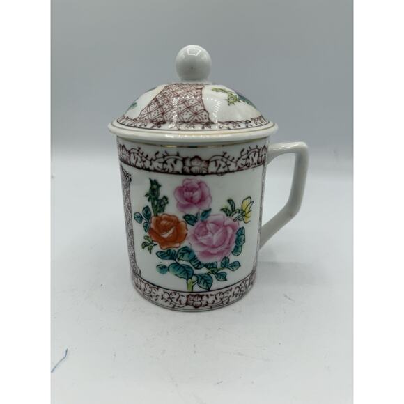 Vintage Chinese Porcelain Lidded Mug – Floral Rose Pattern – 4.5” Tall – Marked - Picture 1 of 7